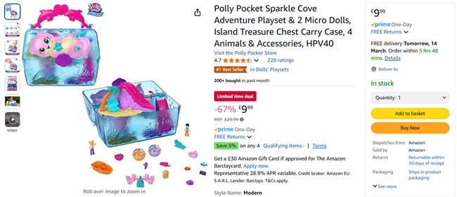 Screenshot showing Polly Pocket Sparkle Cove Adventure Island Treasure Chest Playset for £9.99 at Amazon