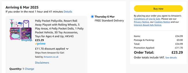 Screenshot showing Polly Pocket Pollyville Resort Roll Away Playset for £23.29 at Amazon