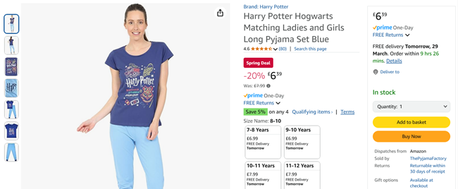 Screenshot showing Harry Potter Hogwarts Matching Ladies and Girls Long Pyjama Set for £6.39 at Amazon / ThePyjamaFactory