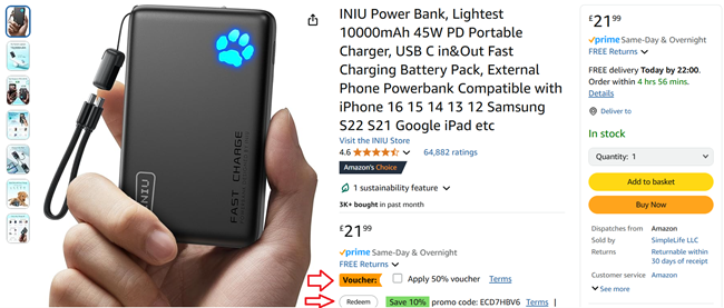 Screenshot showing INIU Power Bank at Amazon