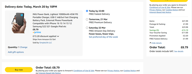 Screenshot showing INIU Power Bank for £8.79 at Amazon / SimpleLife LLC