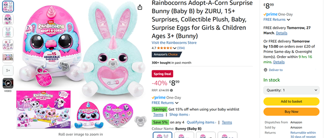 Screenshot showing Rainbocorns Adopt-A-Corn Surprise Bunny for £8.99 at Amazon