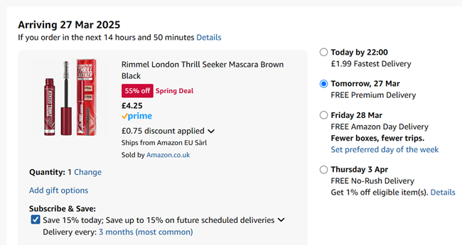 Screenshot showing Rimmel London Thrill Seeker Mascara Brown Black for £4.25 at Amazon