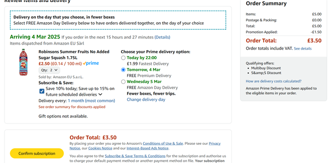Screenshot showing Robinsons Double Strength No Added Sugar Squash 1.75L 2 for £3.50 at Amazon
