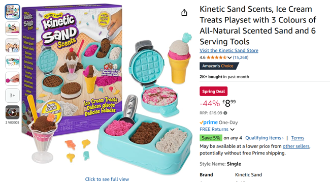 Screenshot showing Kinetic Sand Scents Ice Cream Treats Playset for £8.99 at Amazon