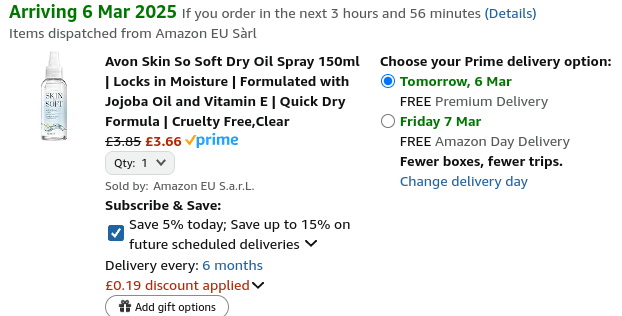 Avon Skin So Soft Dry Oil Body Spray £3.66 @ Amazon