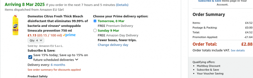 4 x Domestos Citrus Fresh Thick Bleach £2.88 @ Amazon
