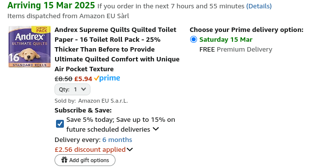  Andrex Supreme Quilts Quilted Toilet Paper 16 Pack £5.94 @ Amazon