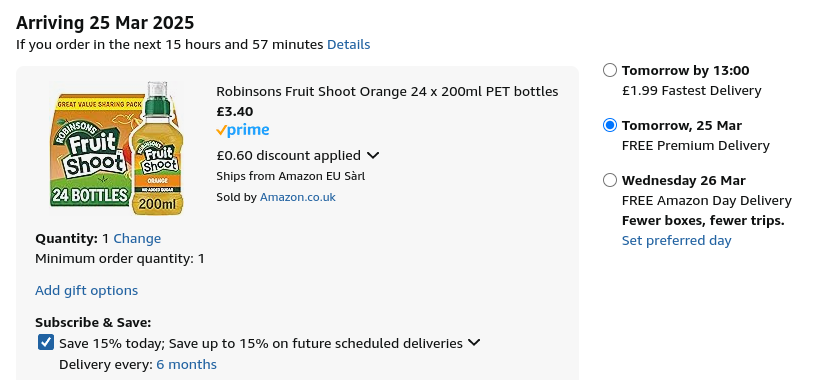  Robinsons Fruit Shoot Orange 24 x 200ml £3.40 @ Amazon