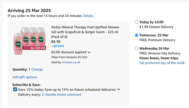 Screenshot showing Radox Mineral Therapy Shower Gel 225 ml (Pack of 6) for £5.10 at Amazon