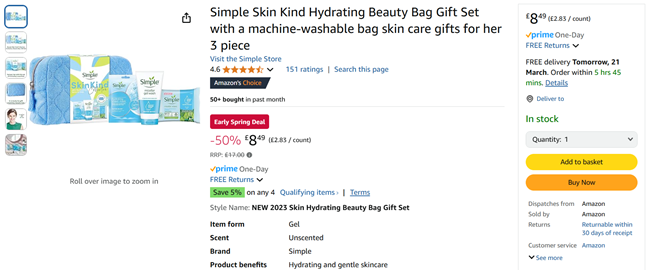 Screenshot showing Simple Skin Kind Hydrating Beauty Bag Gift Set for £8.49 at Amazon
