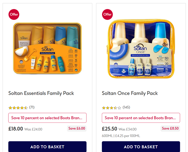 Screenshot showing offer stack on Soltan Family Packs at Boots