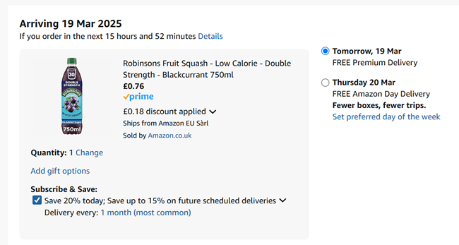 Screenshot showing Robinsons Fruit Squash Double Strength 750ml for 76p at Amazon