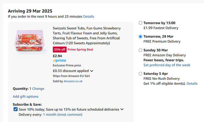 Screenshot showing Swizzels Sweet Tubs Fun Gums 120 Strawberry Tarts for £2.94 at Amazon