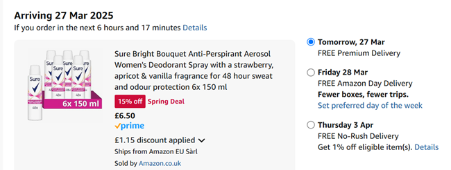 Screenshot showing Sure Bright Bouquet Anti-perspirant Aerosol pack of 6 for £6.50 at Amazon