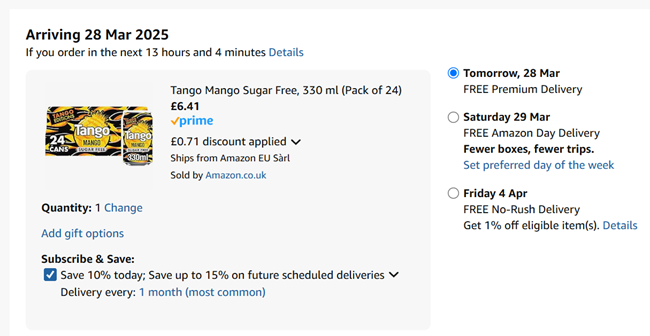 Screenshot showing Tango Mango / Apple / Orange 330ml Pack of 24 for £6.41 at Amazon