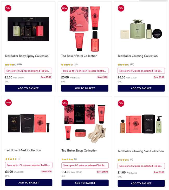 Screenshot showing reduced Ted Baker Gift Sets at Boots