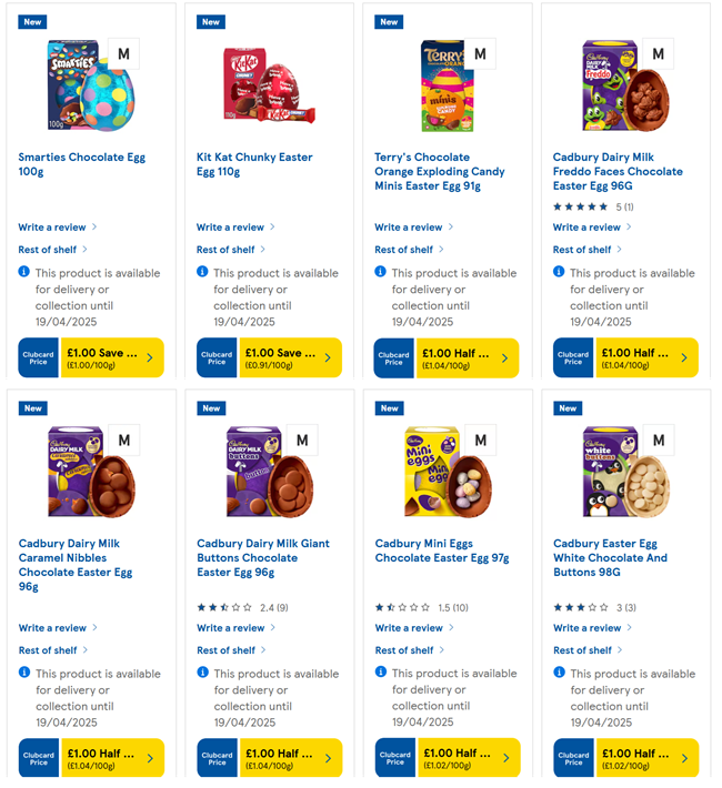 Screenshot showing Medium Easter Eggs for £1 with Clubcard at Tesco
