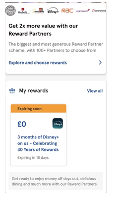 Screenshot showing 3 Months of Disney+ Standard With Ads Free via Tesco Clubcard app