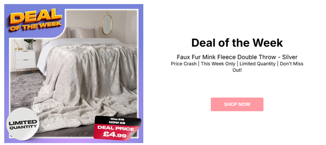 Screenshot showing Luxury Faux Fur Mink Fleece Double Throw Silver for £4.99 at Online Home Shop