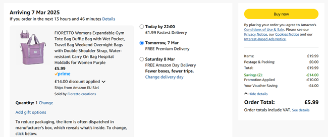 Screenshot showing Fioretto Women's Expandable Travel Bag for £5.99 at Amazon / Fioretto creations