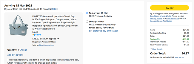Screenshot showing Fioretto Expandable Travel Bag for £6.37 at Amazon / Fioretto Creations