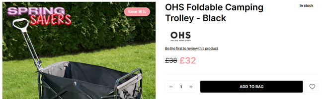 Screenshot showing OHS Foldable Camping Trolley Black for £32 at Online Home Shop