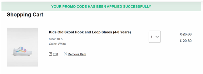 Screenshot showing Kids Hoop and Loop shoes for £20.80 with code at Vans
