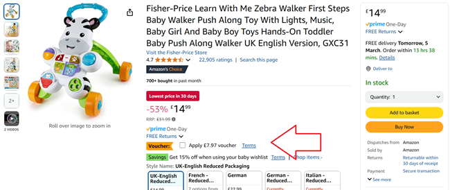 Screenshot showing Fisher-Price Learn With Me Zebra Walker at Amazon