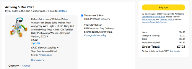 Screenshot showing Fisher-Price Learn With Me Zebra Walker for £7.02 at Amazon