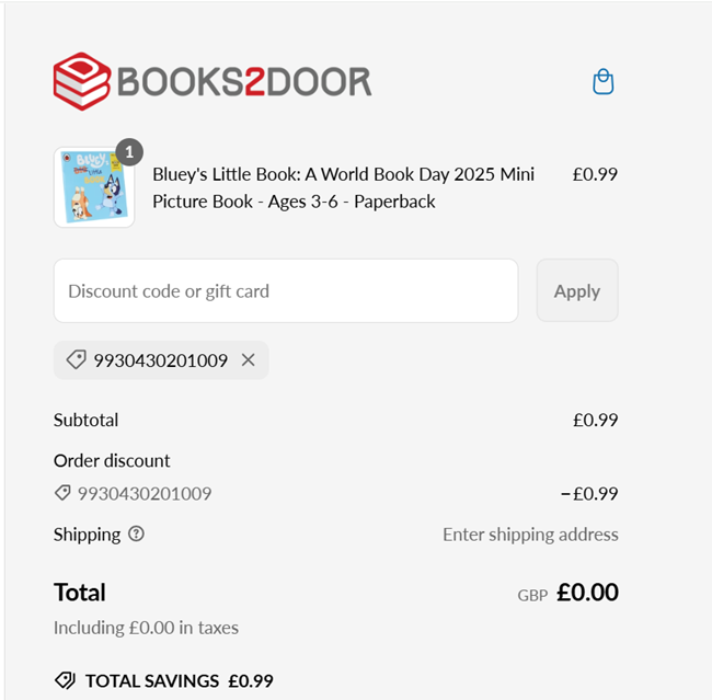 Screenshot showing Free World Book Day Book at checkout at Books2Door