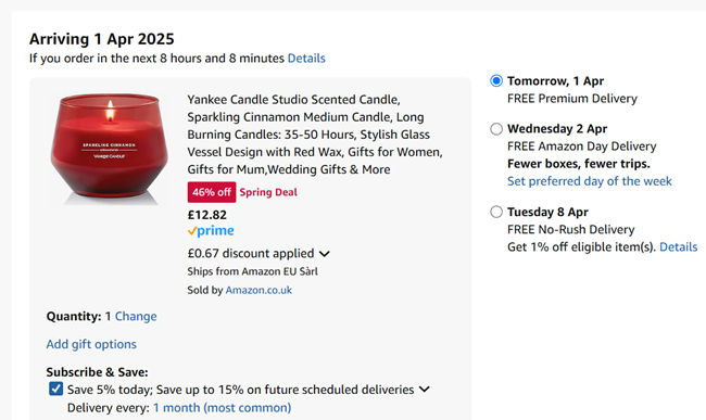 Screenshot showing Yankee Candle Studio Sparkling Cinnamon Medium Candle for £12.82 at Amazon