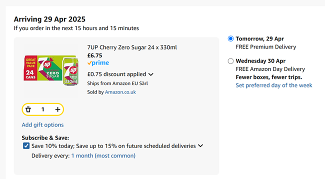 Screenshot showing 7UP Cherry Zero Sugar 24 x 330ml for £6.75 at Amazon