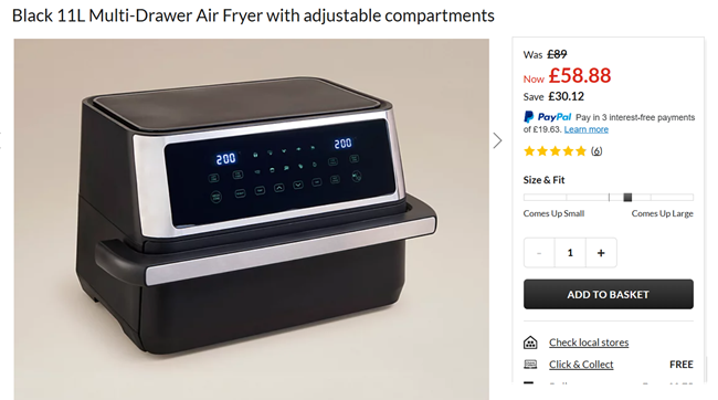 Screenshot showing Black 11L Multi-Drawer Air Fryer with adjustable compartments for £58.88 at Asda George
