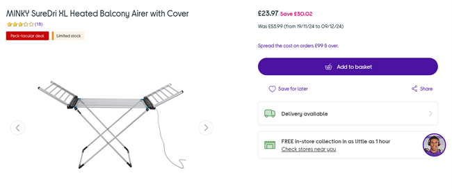 Screenshot showing Minky SureDri XL Heated Balcony Airer with Cover for £23.97 at Currys