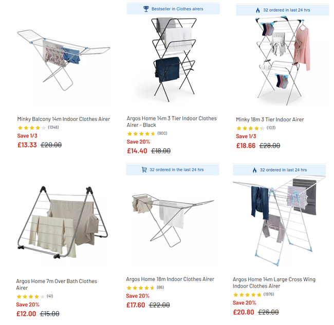 Screenshot showing reduced Clothes Airers at Argos