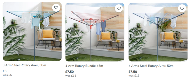 Screenshot showing reduced Rotary Airer Washing Lines at Dunelm