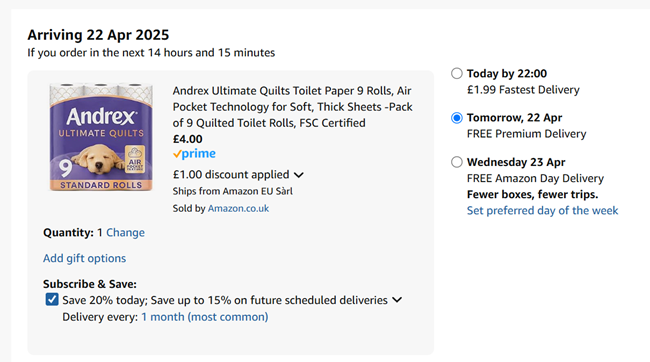 Screenshot showing Andrex Ultimate Quilts Toilet Paper 9 Rolls for £4 at Amazon
