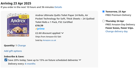 Screenshot showing Andrex Ultimate Quilts Toilet Paper 24 Rolls for £10.39 at Amazon
