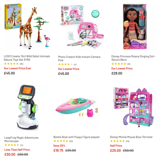 Screenshot showing toy sale items at Argos