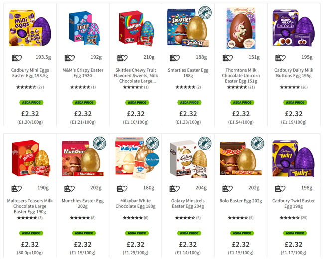 Screenshot showing selected Large Easter Eggs for £2.32 at Asda