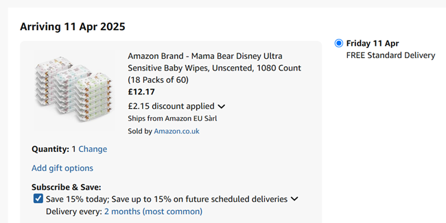 Screenshot showing Mama Bear Disney Ultra Sensitive Baby Wipes Unscented 18 Packs of 60 for £12.17 at Amazon