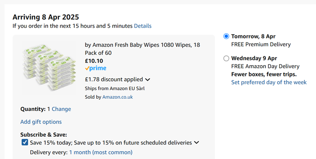 Screenshot showing by Amazon Fresh Baby Wipes 1080 Wipes, 18 Pack of 60 for £10.10 at Amazon