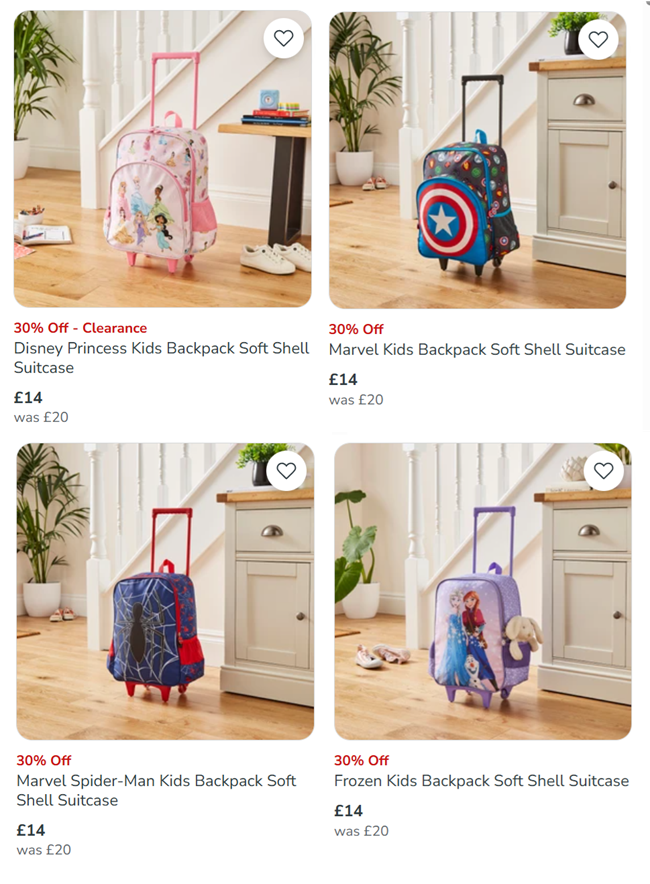 Screenshot showing Disney Backpack Soft Shell Suitcases now £14 each at Dunelm