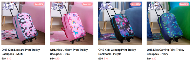Screenshot showing Kids Trolley Backpacks for £10 each at Online Home Shop