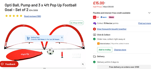 Screenshot showing Opti Ball, Pump and 3 x 4ft Pop Up Football Goal - Set of 2 for £15 at Argos