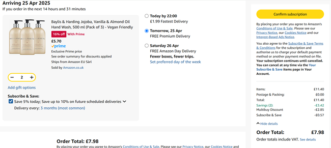 Screenshot showing 6 x Baylis & Harding Jojoba Vanilla & Almond Oil Hand Wash 500ml for £7.98 at Amazon