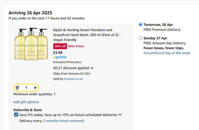 Screenshot showing Baylis & Harding Sweet Mandarin and Grapefruit Hand Wash, 500 ml (Pack of 3) for £3.99 at Amazon