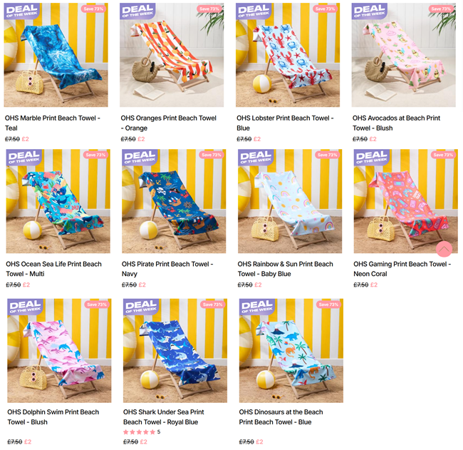 Screenshot showing Deal Of The Week: Printed Beach Towels £2 each at Online Home Shop
