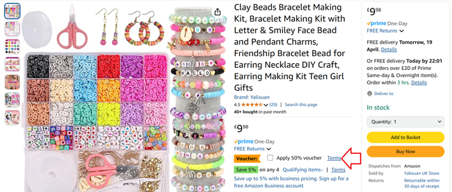 Screenshot showing Clay Beads Bracelet Making Kit at Amazon / Yalixuan UK Store